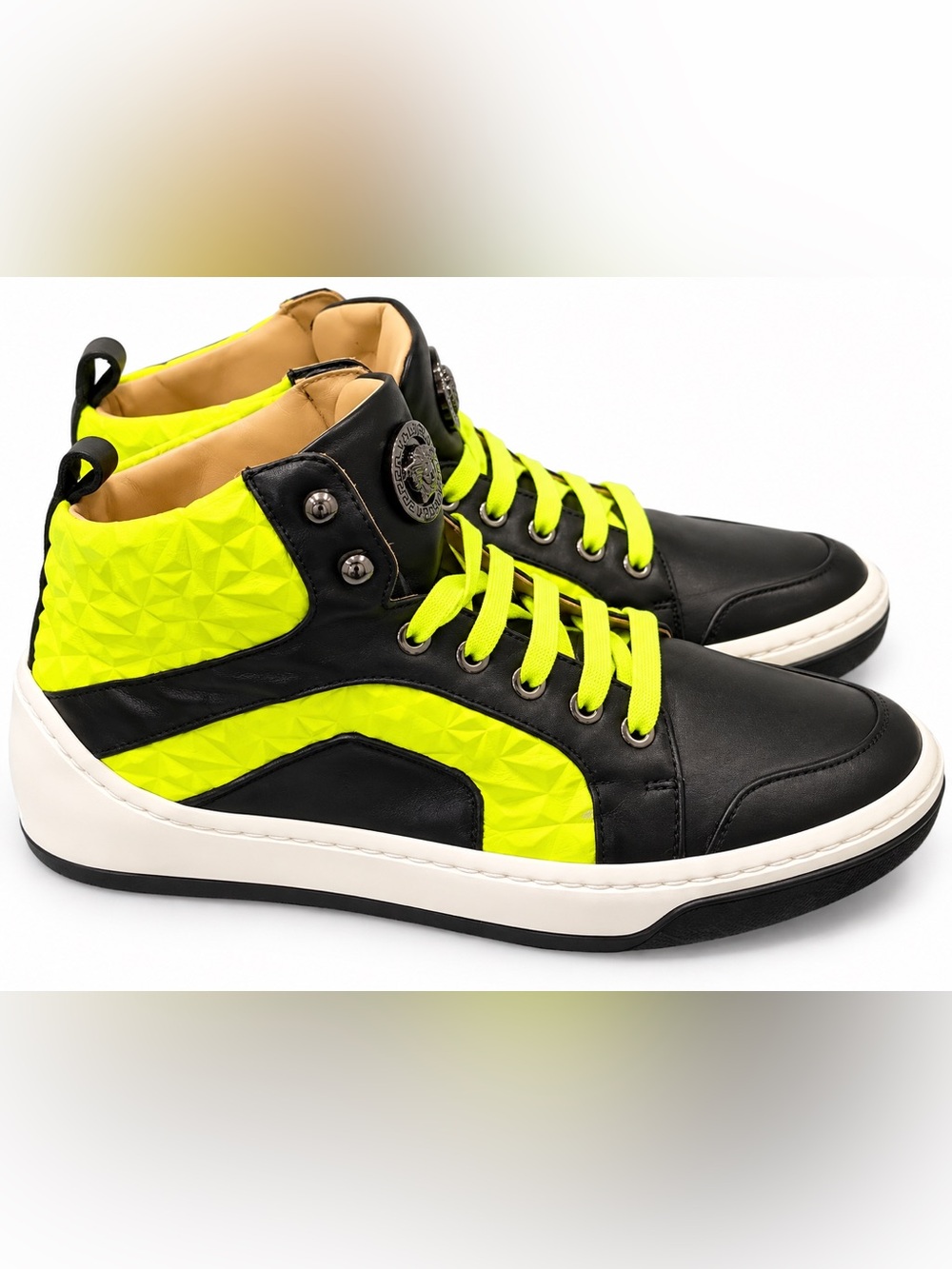 Versace Young Black Leather High-Top Sneakers with Neon Yellow Laces - Picture 4 of 9